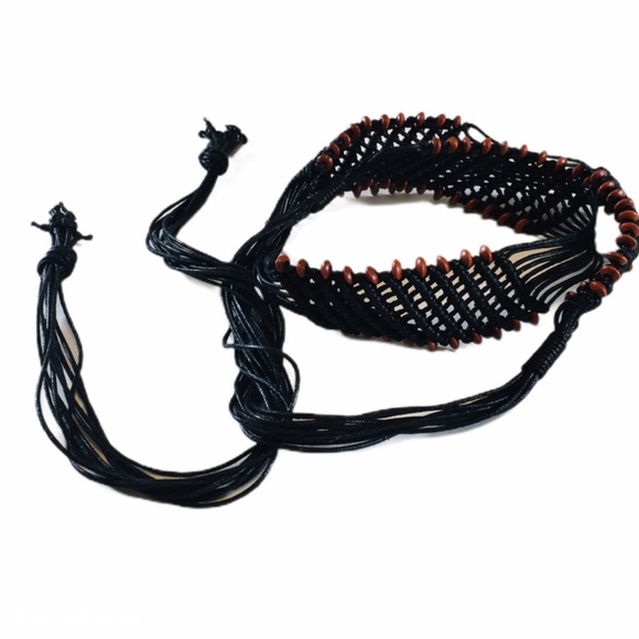 Black Macrame Belt Wooden Beads Tassel Boho Gypsy Hippie Festival One Size - Picture 1 of 11